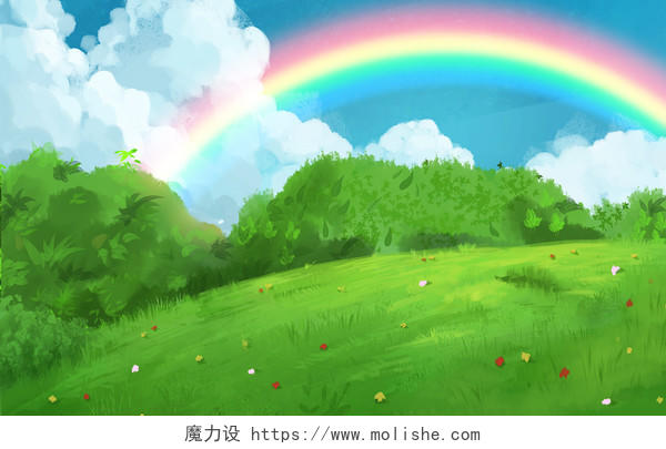 绿色卡通手绘清新草地蓝天白云彩虹背景素材图片原创插画海报